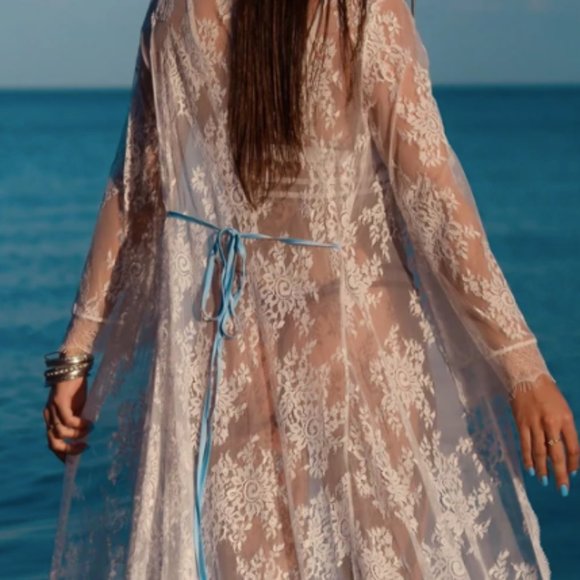 😍 NWOT Aporei Sheer Lace Maxi Dressing Robe Kimono, White, Large - Picture 8 of 16